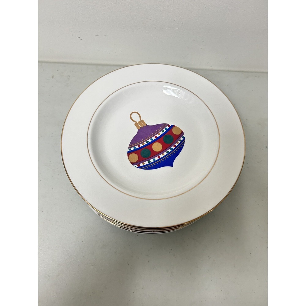 Vintage Gibson Set of 6 Christmas Ornaments Dessert Salad Plate 9" Gold Rim DECO - Picture 8 of 9